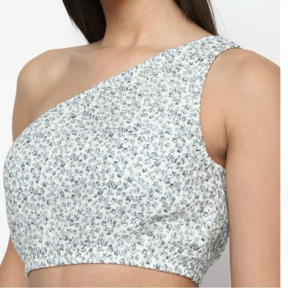 American Eagle One Shoulder Floral Crop Top Size Xl Blue & White Boho